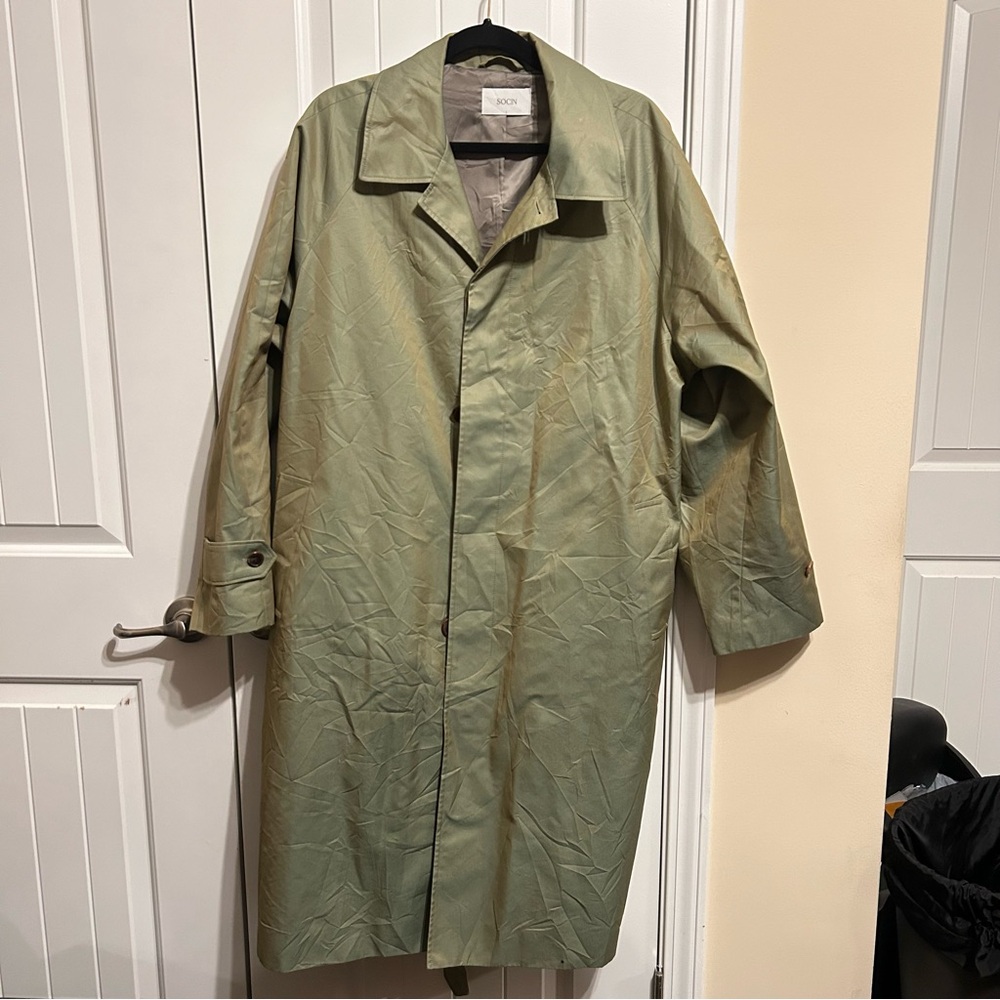 Socin  L  Trench Belted Metallic Green Coat Hidden Buttons